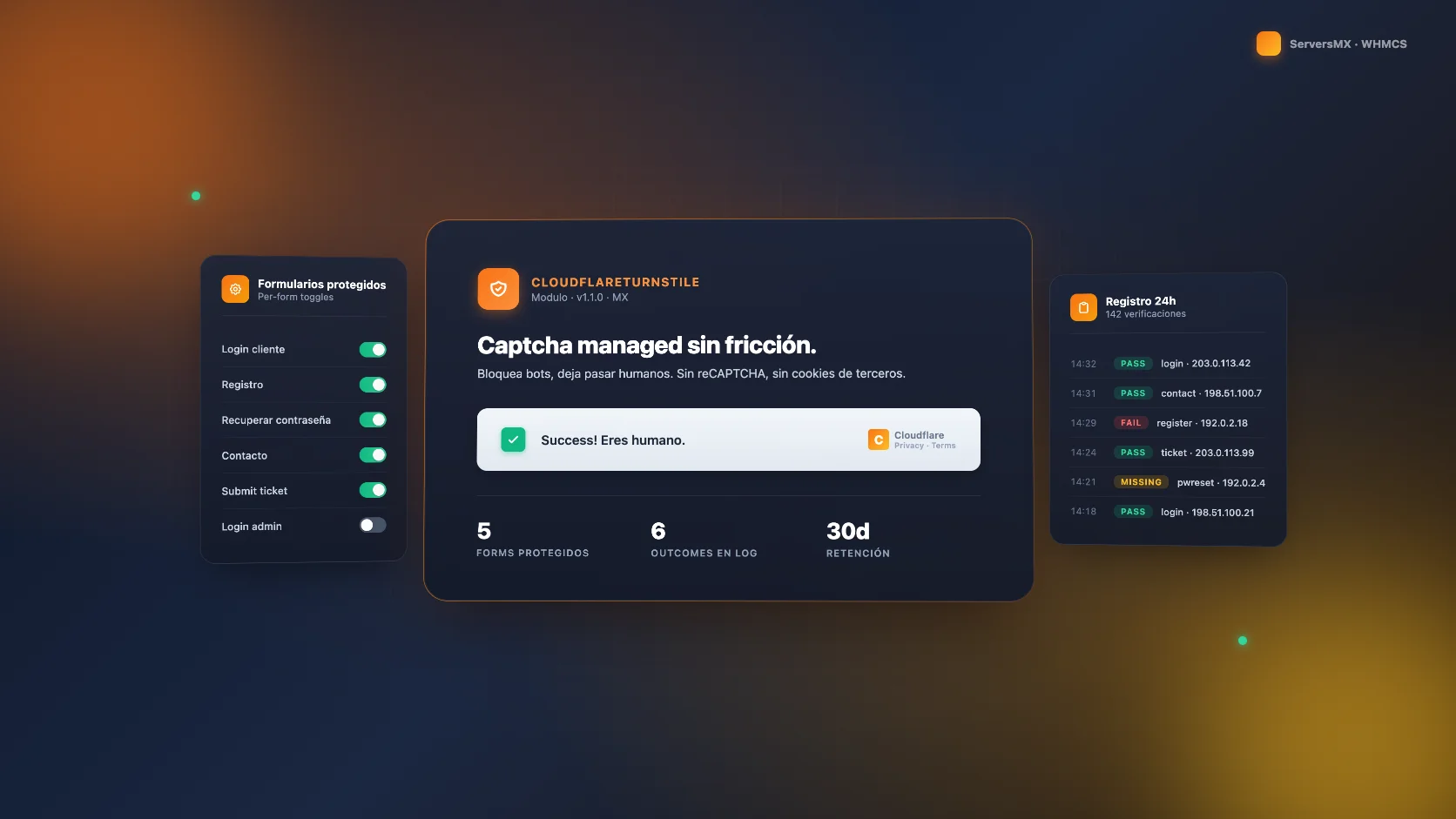 Visual del modulo Cloudflare Turnstile Captcha para WHMCS