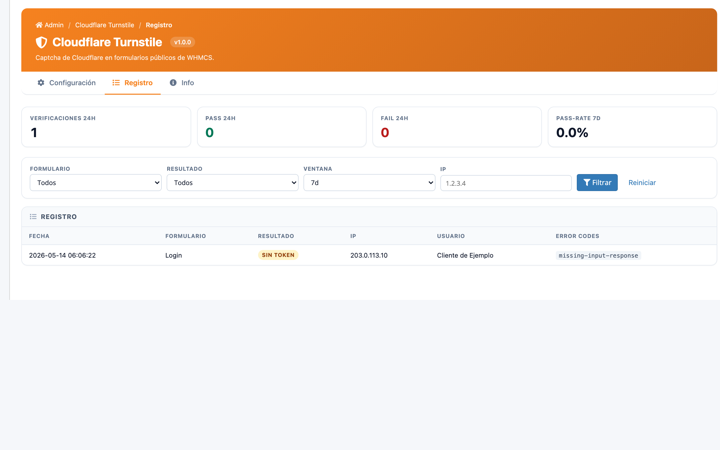 Registro de verificaciones con KPIs 24h, filtros por endpoint y outcome.