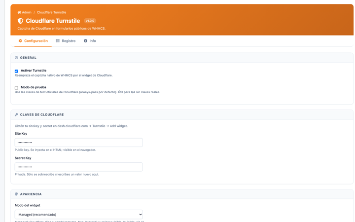 Configuracion general, claves de Cloudflare y formularios protegidos por toggle.