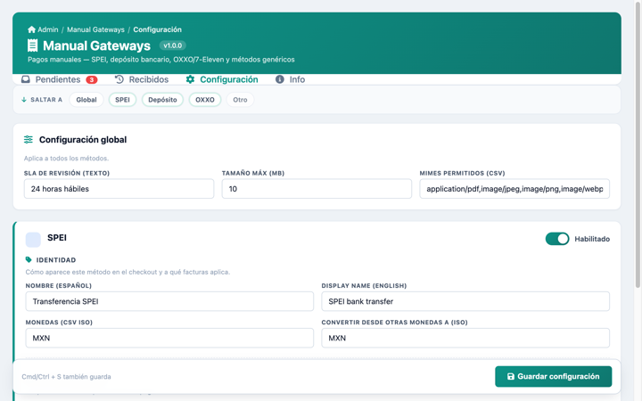 Configuración por método: datos bancarios e instrucciones bilingües ES/EN.