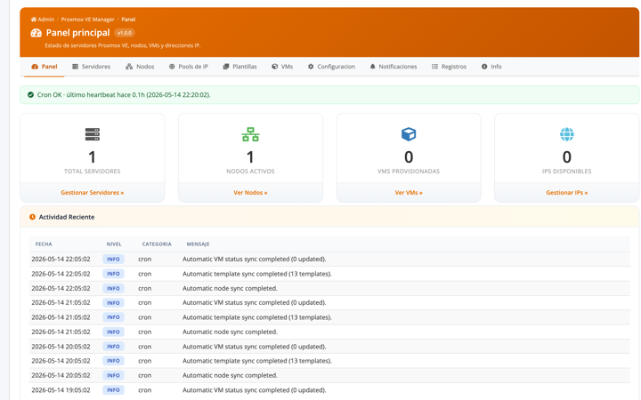Dashboard con servidores, nodos, VMs y estado del cron heartbeat.