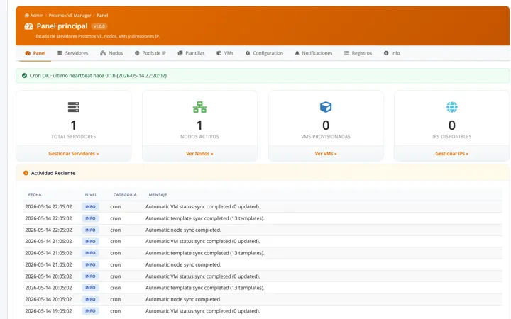 Dashboard con servidores, nodos, VMs y estado del cron heartbeat.