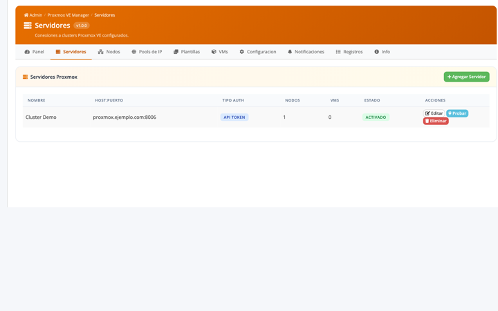 Clusters Proxmox VE conectados con autenticacion API token.