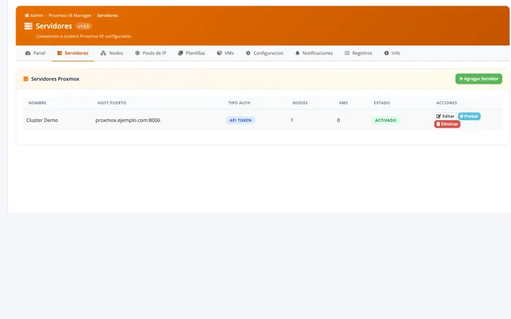 Clusters Proxmox VE conectados con autenticación API token.