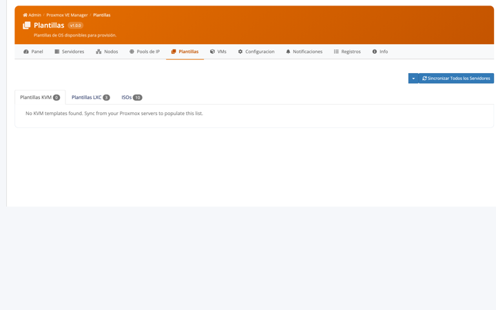 Plantillas KVM, LXC e ISOs sincronizadas desde los nodos.