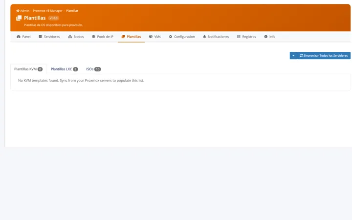 Plantillas KVM, LXC e ISOs sincronizadas desde los nodos.
