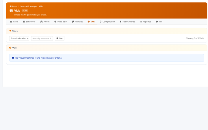 Inventario de VMs provisionadas con filtros y busqueda.