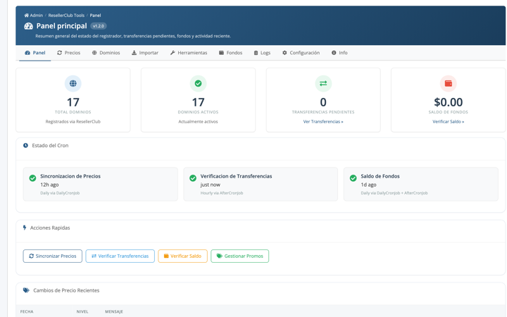 Dashboard con dominios, transferencias pendientes y estado del cron.