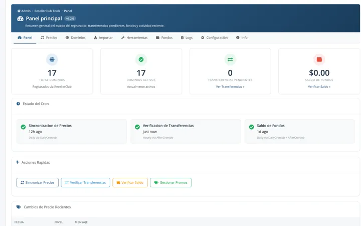 Dashboard con dominios, transferencias pendientes y estado del cron.