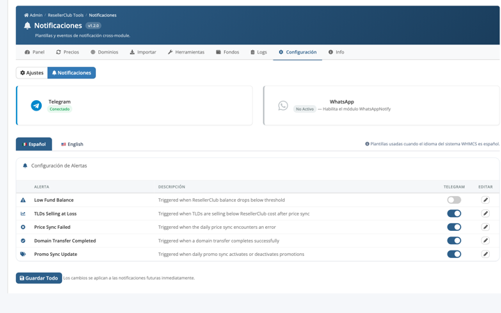Alertas bilingues para low fund, sync failures y transferencias.