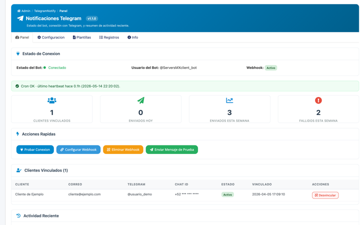 Dashboard con bot conectado, contadores y clientes vinculados.