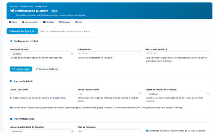 Configuracion del bot, webhook y alertas administrativas.