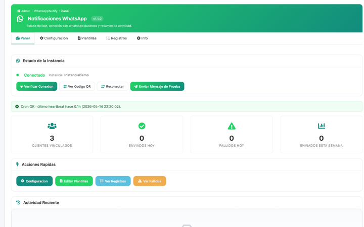 Estado de instancia, cron heartbeat y contadores de envios.