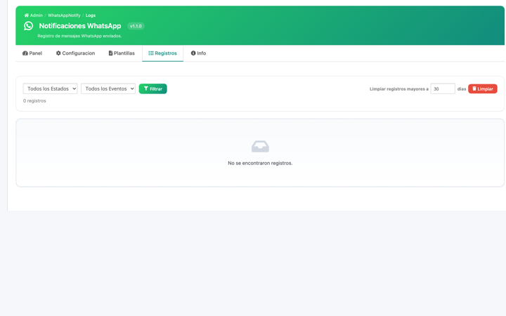 Registro de mensajes con filtros, fallos y limpieza automatica.