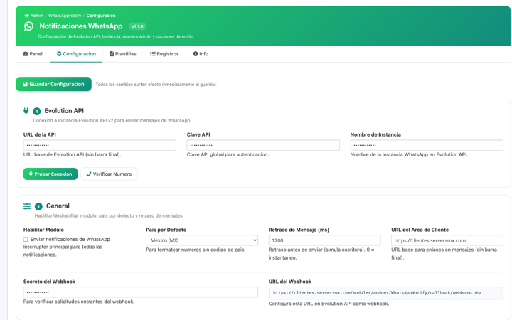 Configuracion de Evolution API, instancia, delays y pais por defecto.