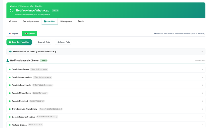 Plantillas bilingues con formato WhatsApp por evento.