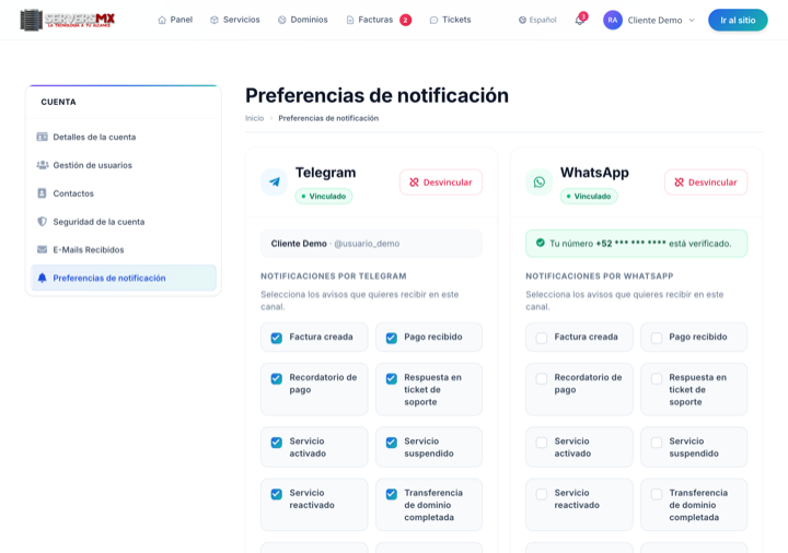 Hub de preferencias: vinculacion de canales y toggle por evento.